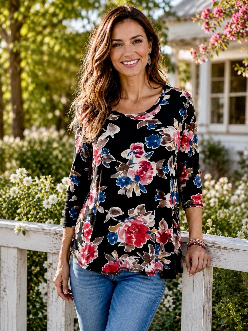 Babeau designs black & floral print hi lo tunic top